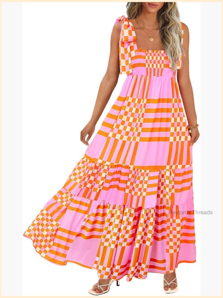 Women's Summer Maxi Dress Boho Spaghetti Straps Casual Long A-Line Smocked
